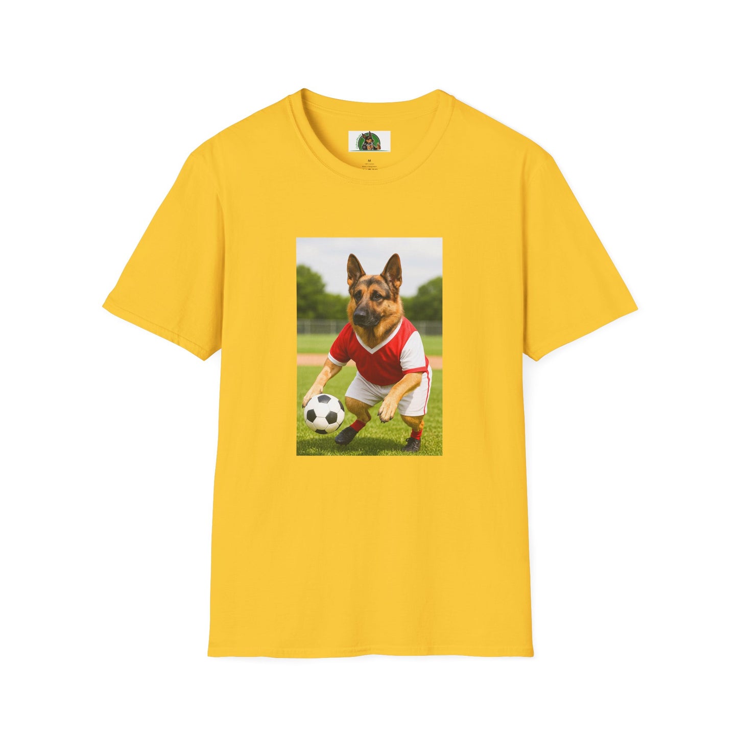 German Shepherd Soccer T-Shirt — Sports Dog Playing Soccer T-Shirt Printify Daisy S