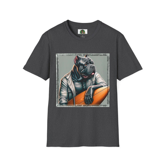 Cane Corso Dog Wearing Jacket Holding Surfboard T-Shirt Printify XS Dark Heather