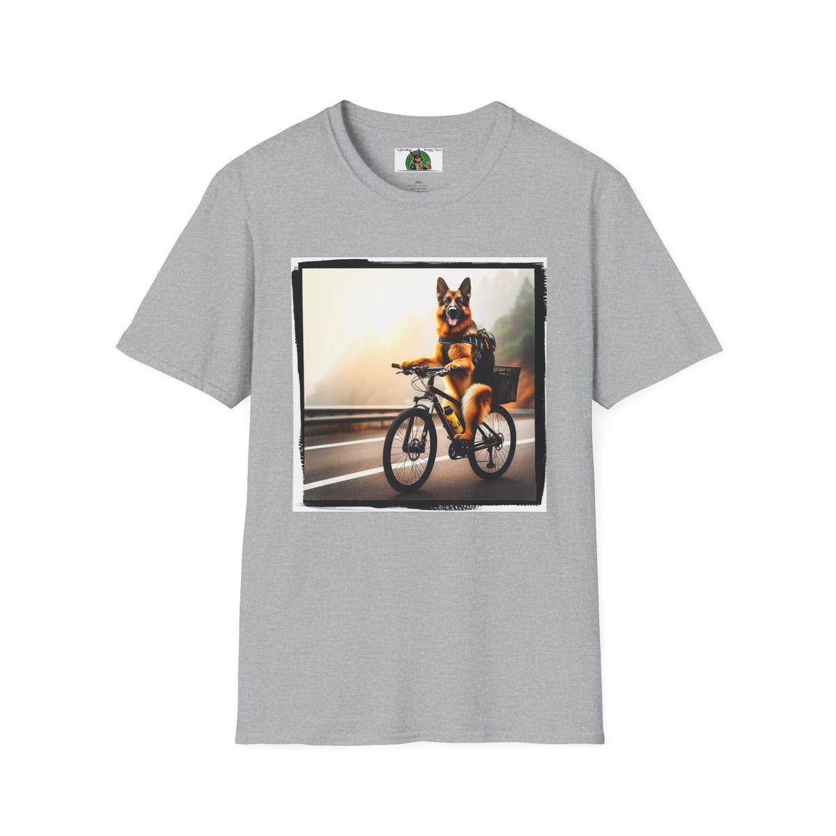 Road Bike German Shepherd Cycling Tee By CyberMutz Quirky Dog Art Shirt For Cyclists And Dog Lovers T-Shirt Printify S Sport Grey