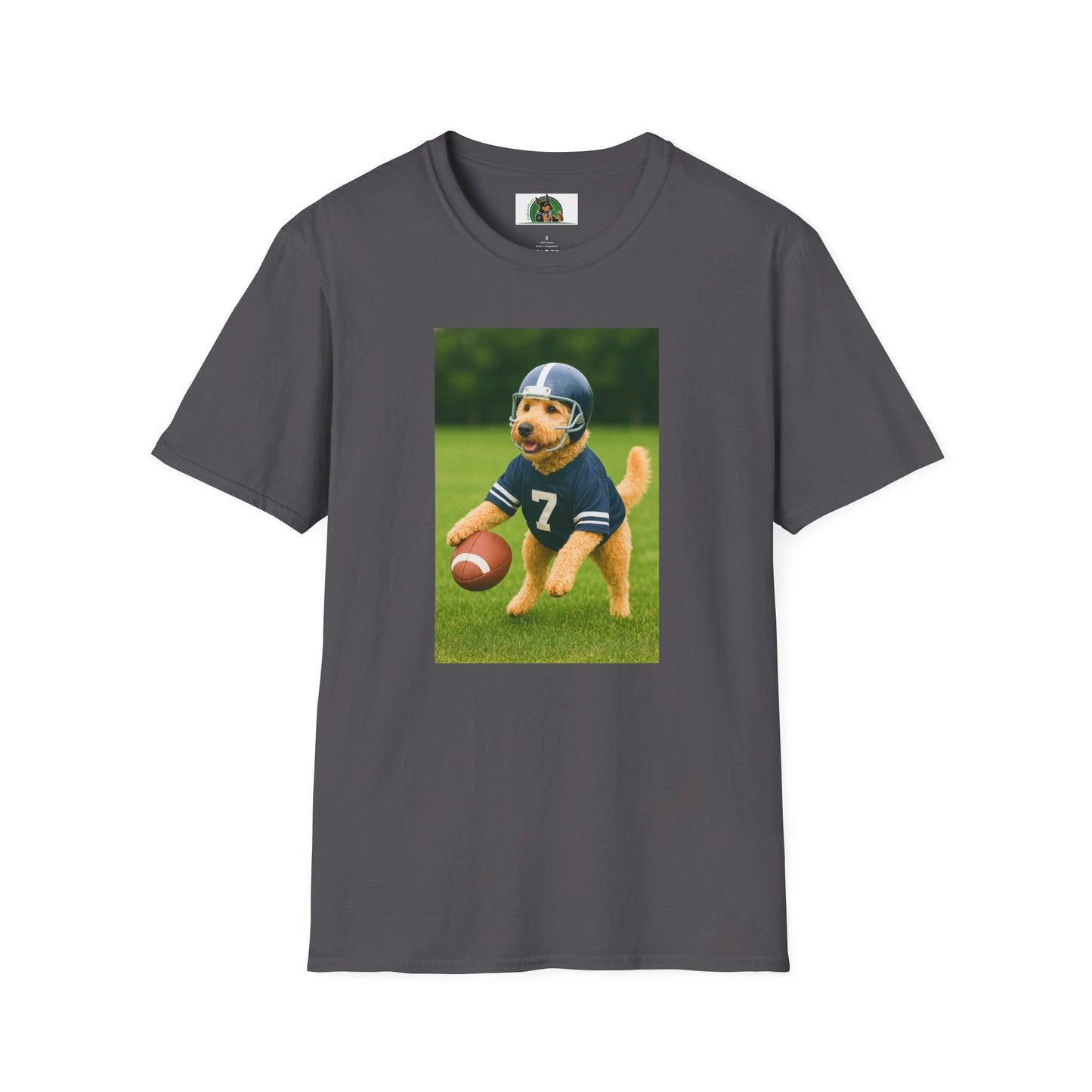 Golden Doodle Playing Football T-Shirt — Sports Dog Lover Tee T-Shirt Printify Charcoal S