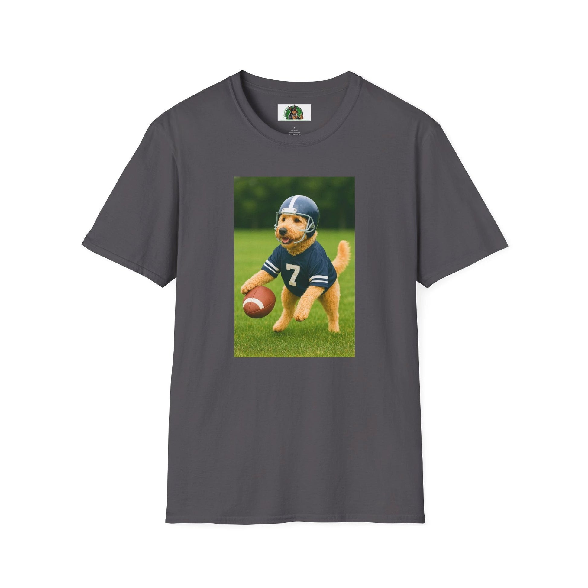 Golden Doodle Playing Football T-Shirt — Sports Dog Lover Tee T-Shirt Printify Charcoal S