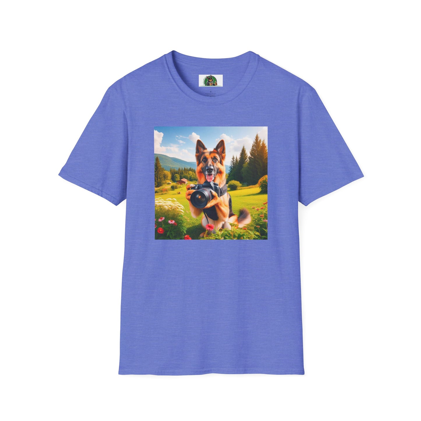 German Shepherd taking photos shirt T-Shirt Printify Heather Royal S