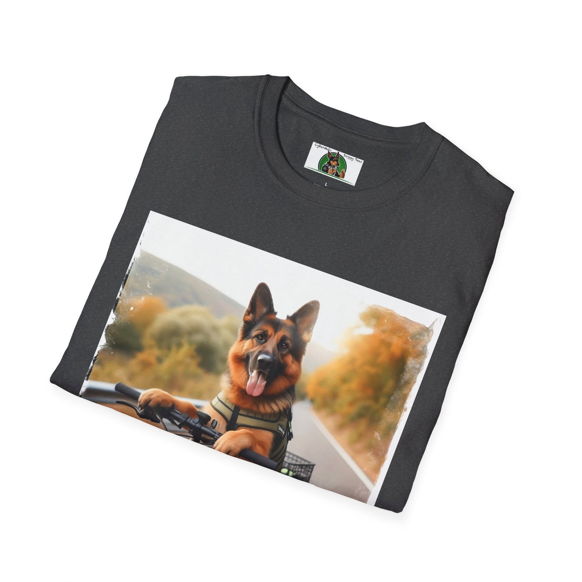 German Shepherd Dog Road Biking! Unisex Softstyle T-Shirt T-Shirt Printify   