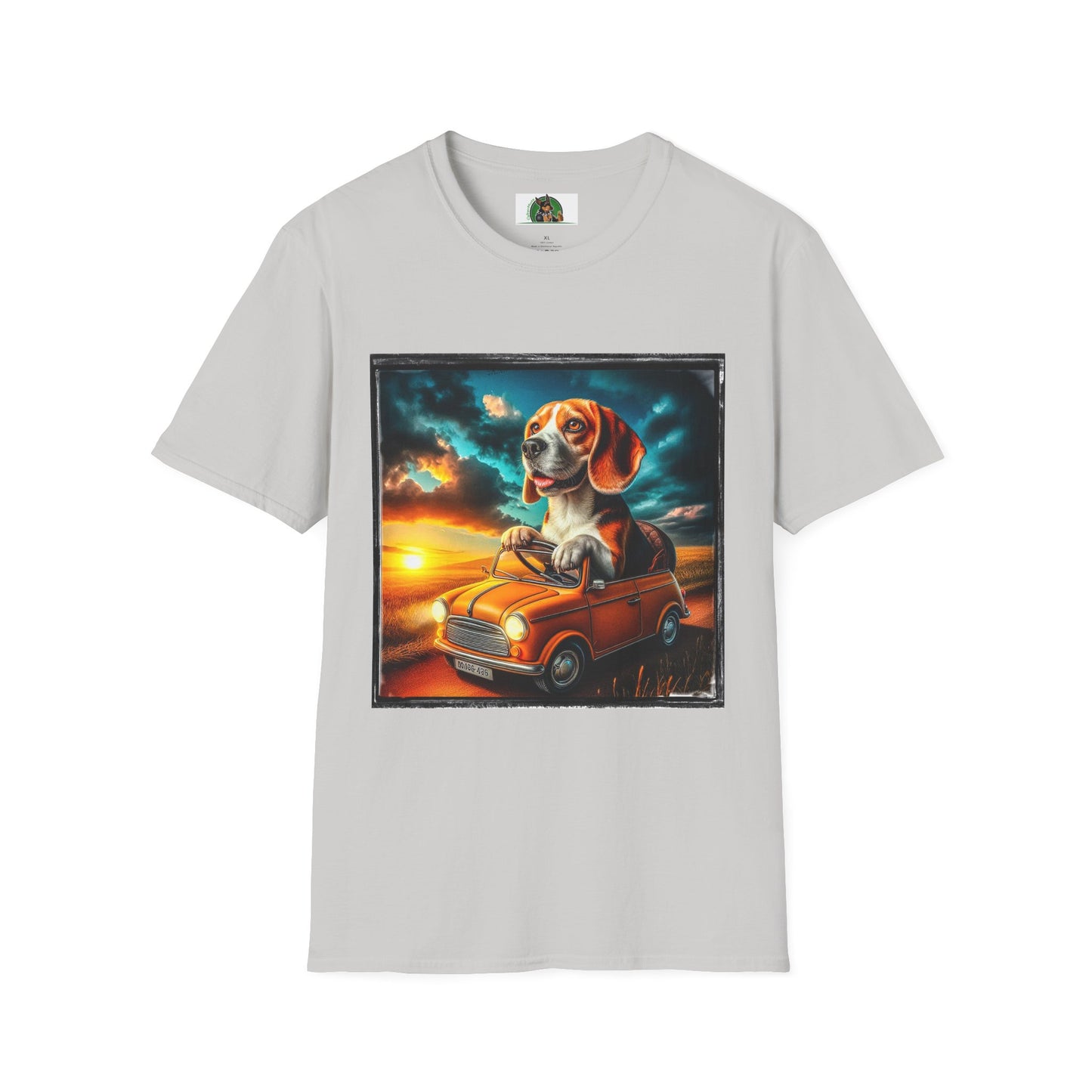 Wacky Beagle Driving Tiny Car In Sunset T-Shirt Printify S Ice Grey 