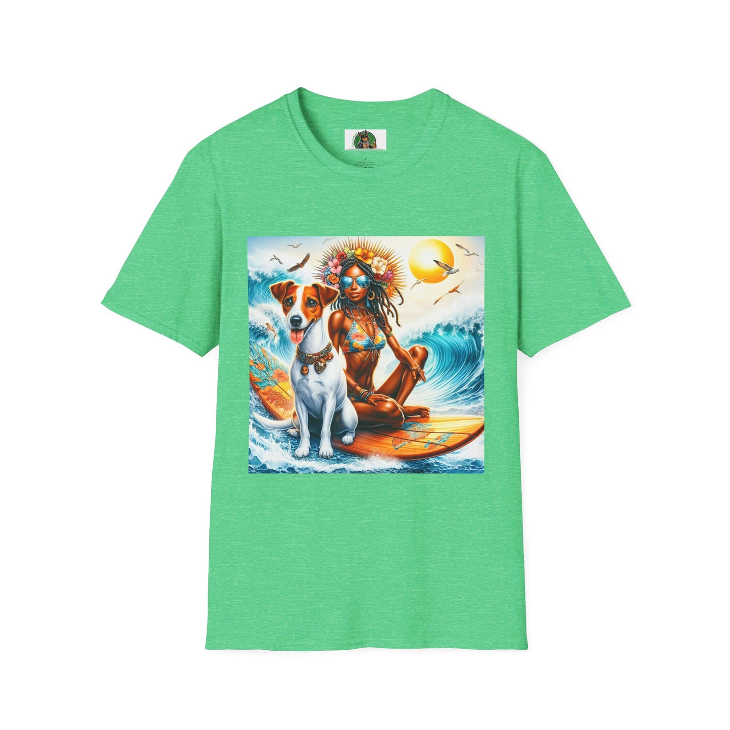 Jack Russell Surfer Girl T-Shirt Printify S Heather Irish Green 