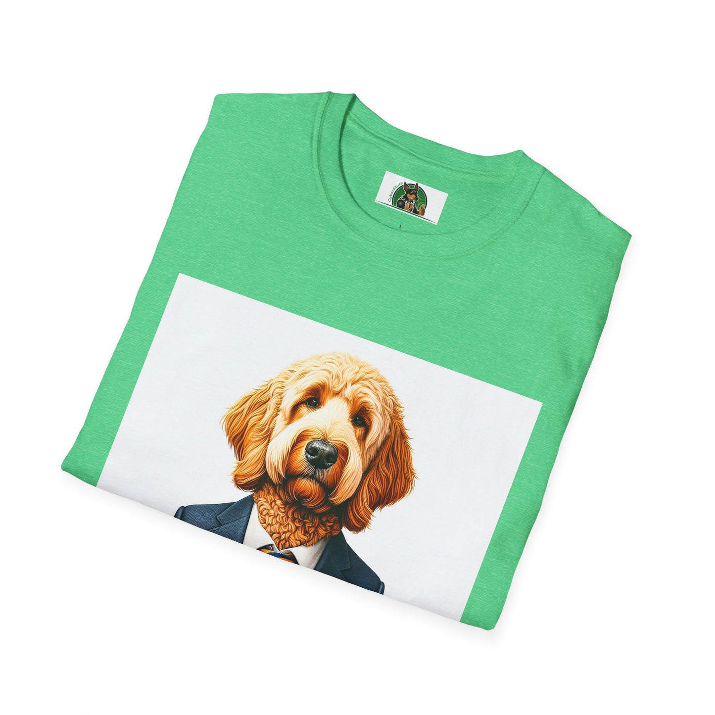 Golden Doodle sitting businessman
