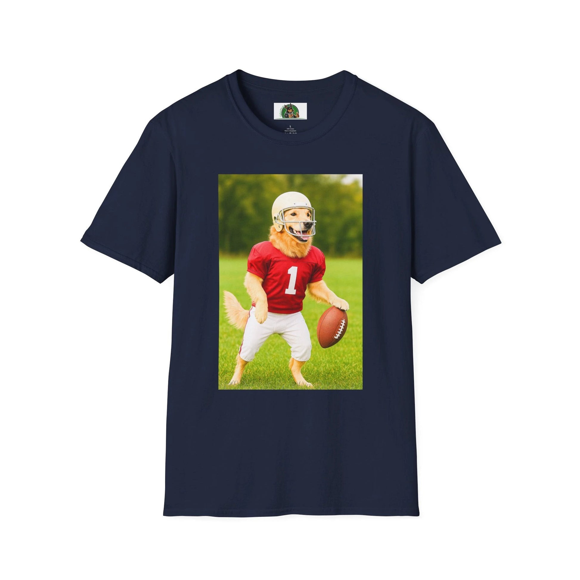 Golden Retriever Playing Football T-Shirt — Dog Lover Sports Tee T-Shirt Printify Navy S
