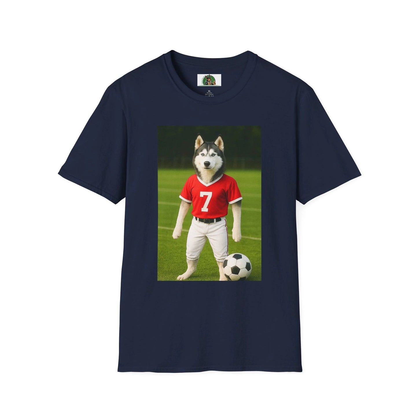 Husky Soccer T-Shirt — Sports Dog Playing Soccer Tee T-Shirt Printify Navy S