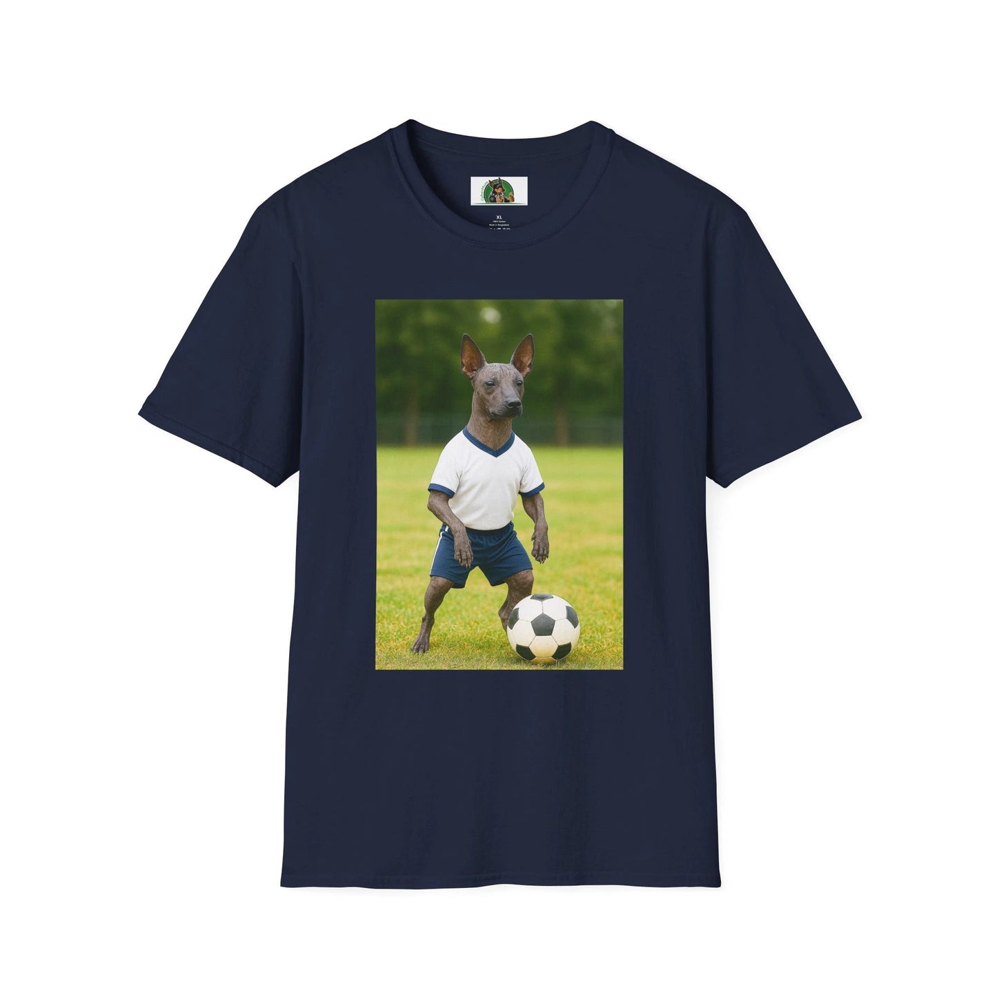 Mexican Hairless Dog Soccer T-Shirt — Dog Lover Sports Tee T-Shirt Printify Navy S
