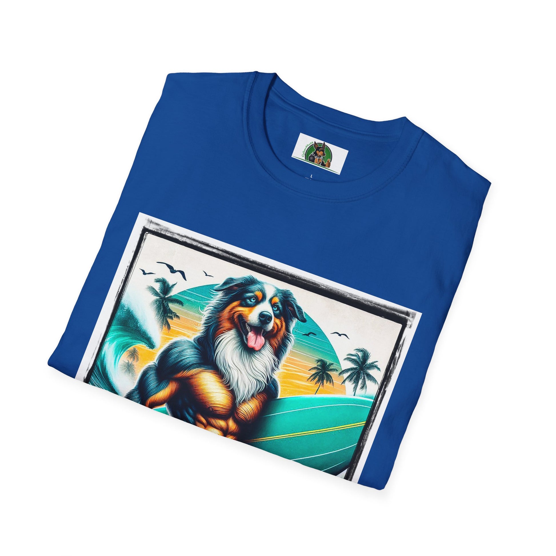 Australian Shepherd Turquoise Surf Board Beach Dog T-Shirt Printify