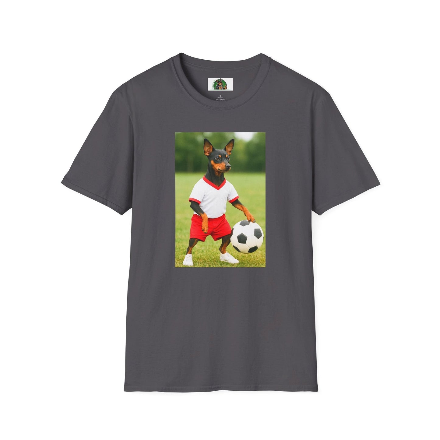 Miniature Pinscher Soccer T-Shirt — "Min Pin Soccer" Dog Lover Sports Tee T-Shirt Printify Charcoal S