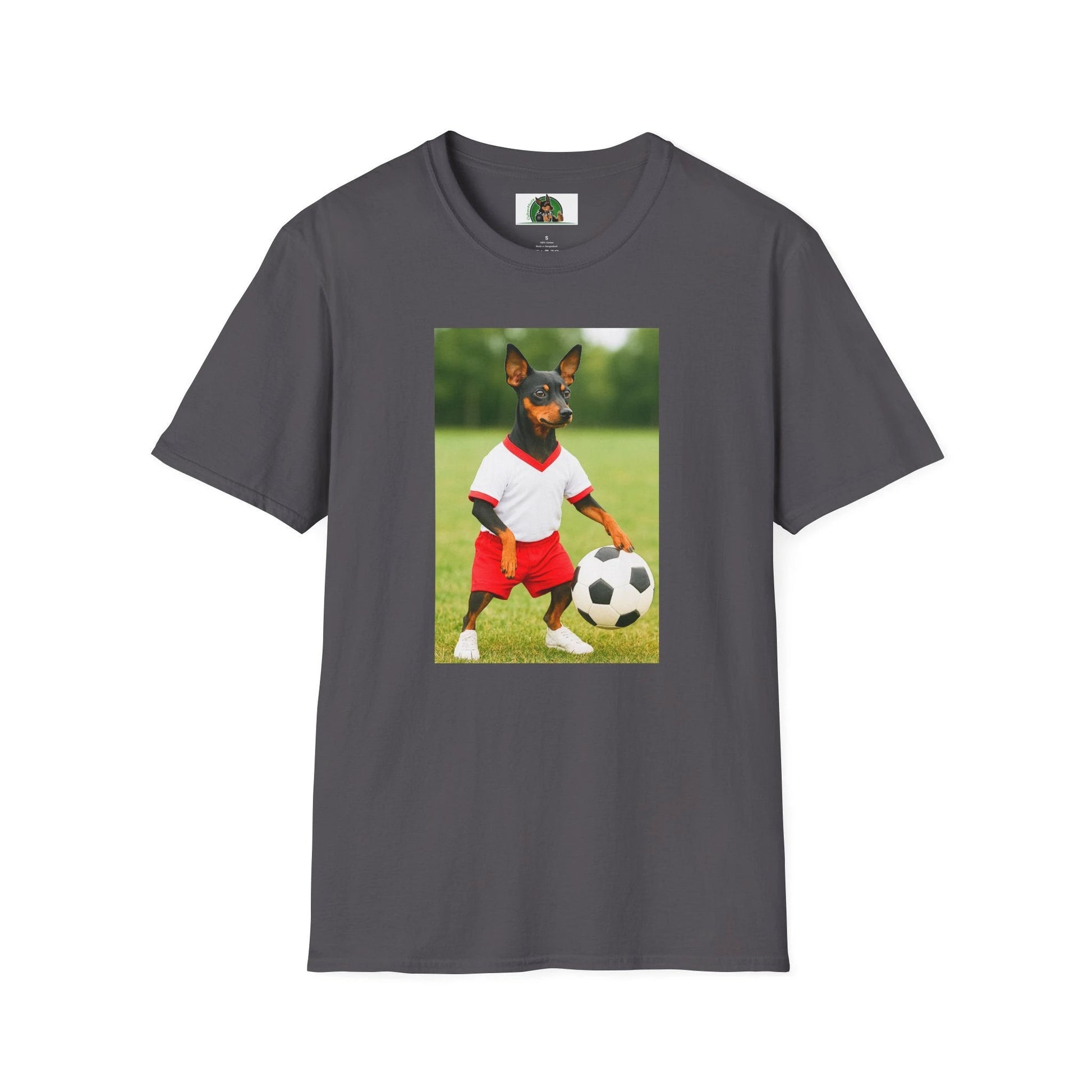Miniature Pinscher Soccer T-Shirt — "Min Pin Soccer" Dog Lover Sports Tee T-Shirt Printify Charcoal S