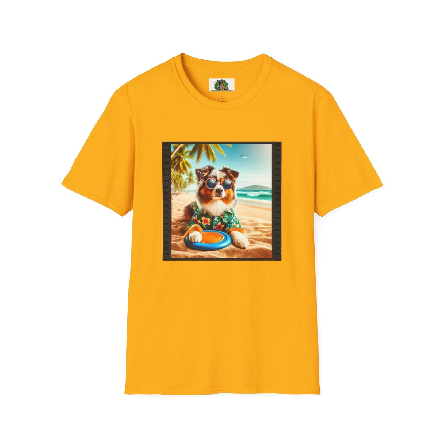 Australian Shepherd Beach Frisbee Dog Graphic Tee Unisex Soft Style Shirt for Dog Lovers T-Shirt Printify S Gold