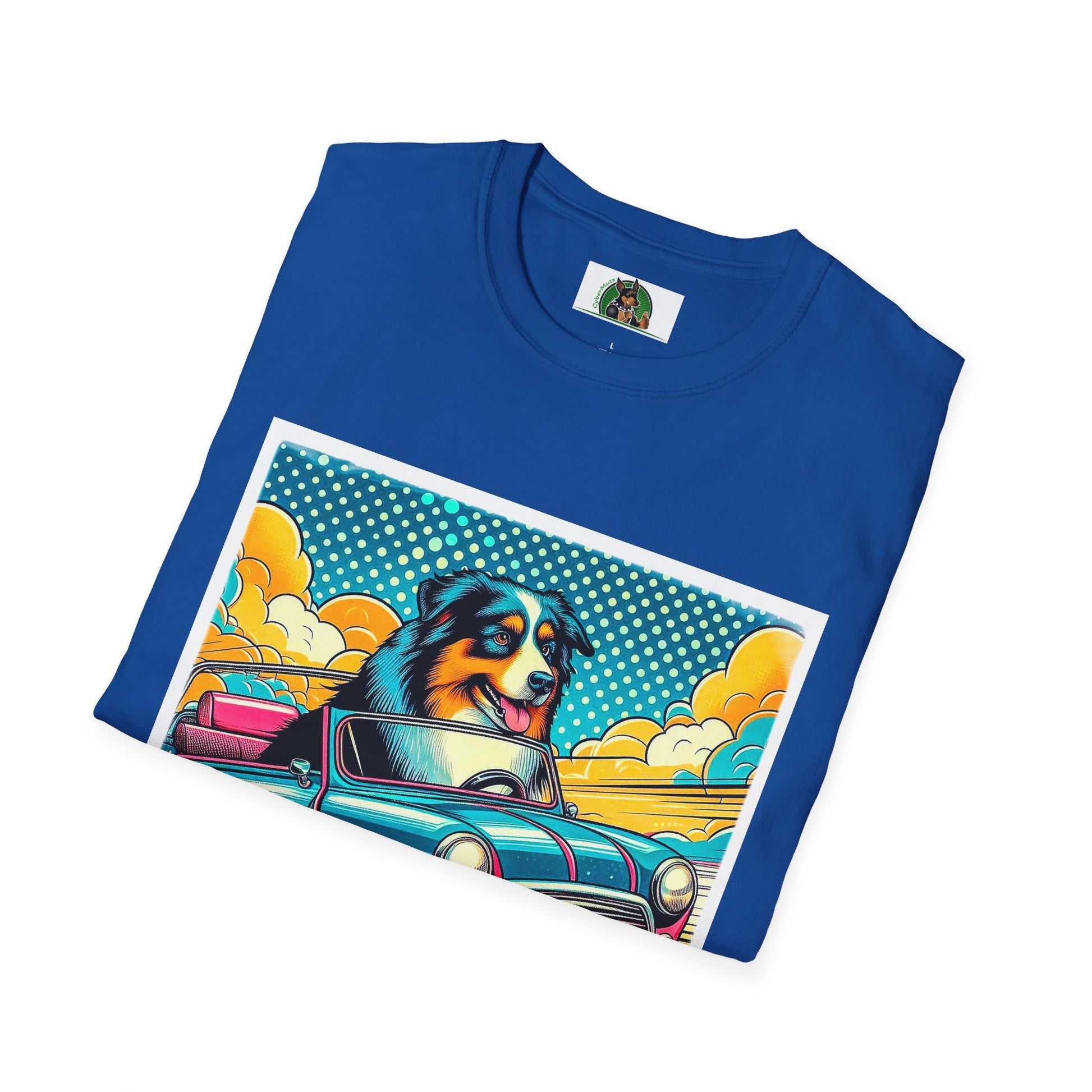 Wacky Australian Shepherd Dog In Colorful Car T-Shirt Printify