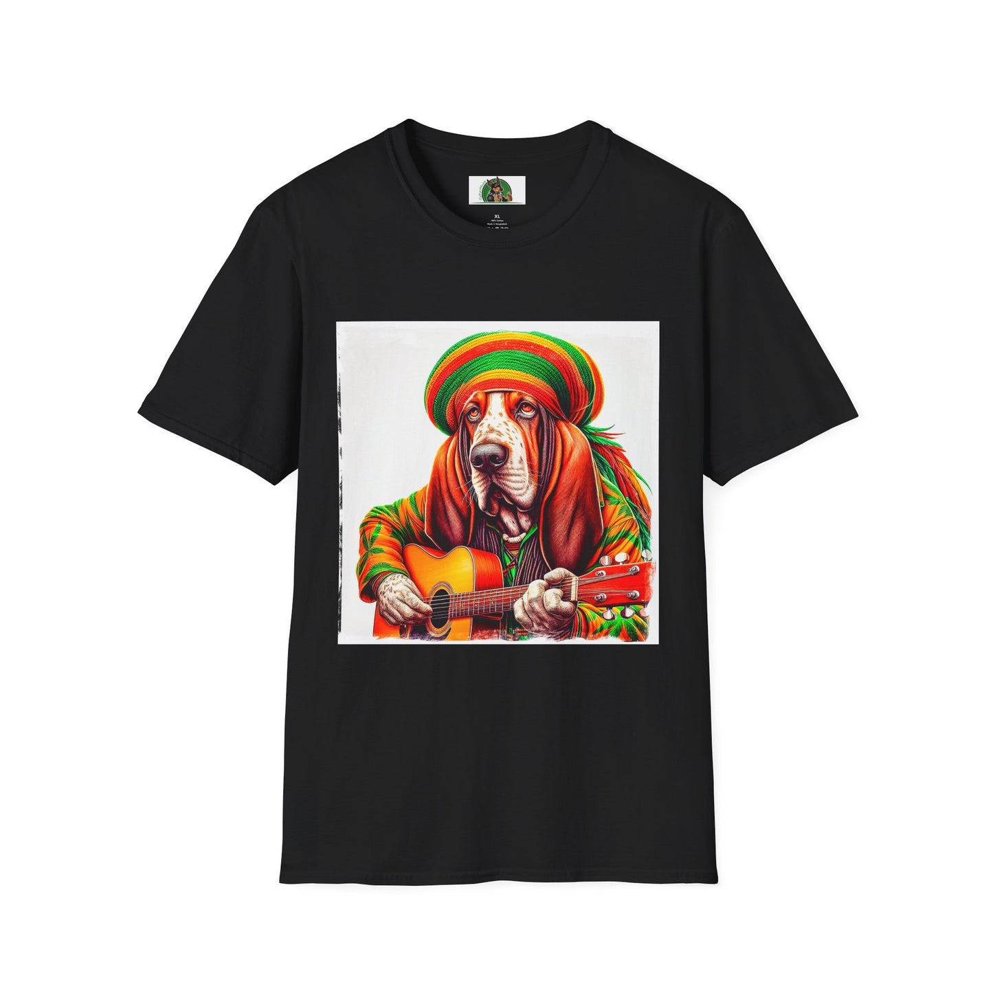 Basset Hound Rasta Dog Playing Guitar T-Shirt Printify XS Black