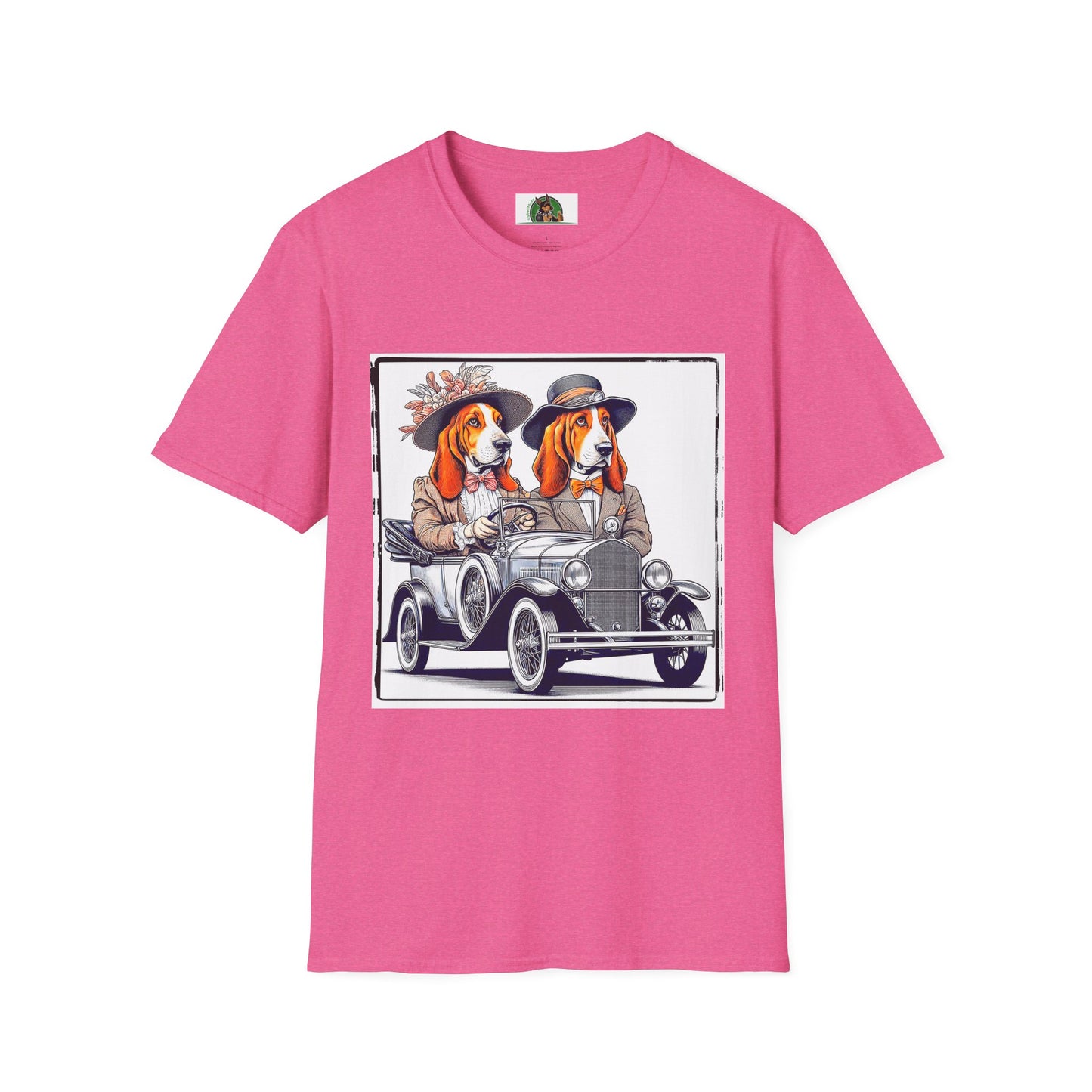 Wacky Basset Hound Couple Riding In Old Car T-Shirt Printify S Heather Heliconia