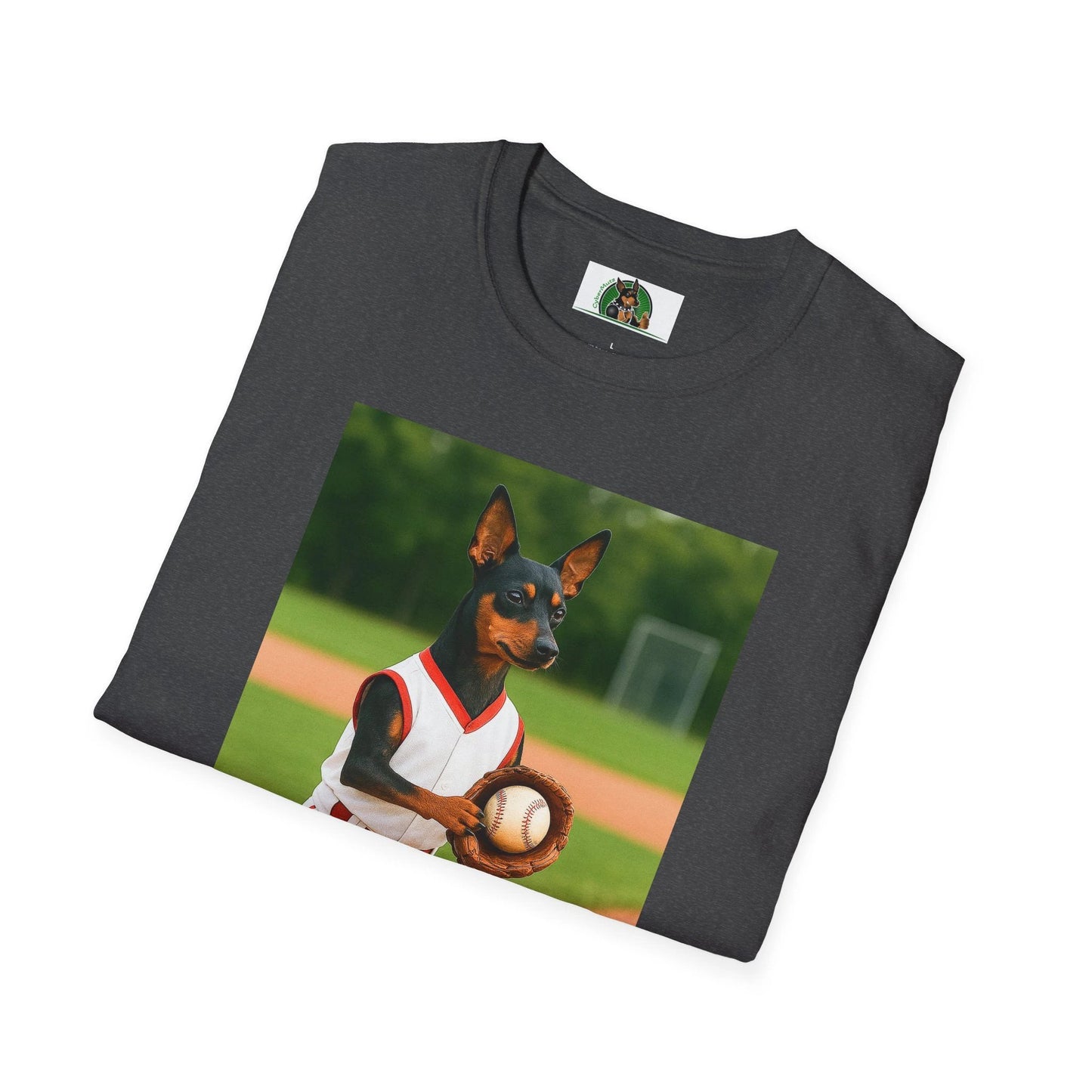 Min Pin Baseball Tee — Miniature Pinscher Dog Lover Sports T-Shirt T-Shirt Printify