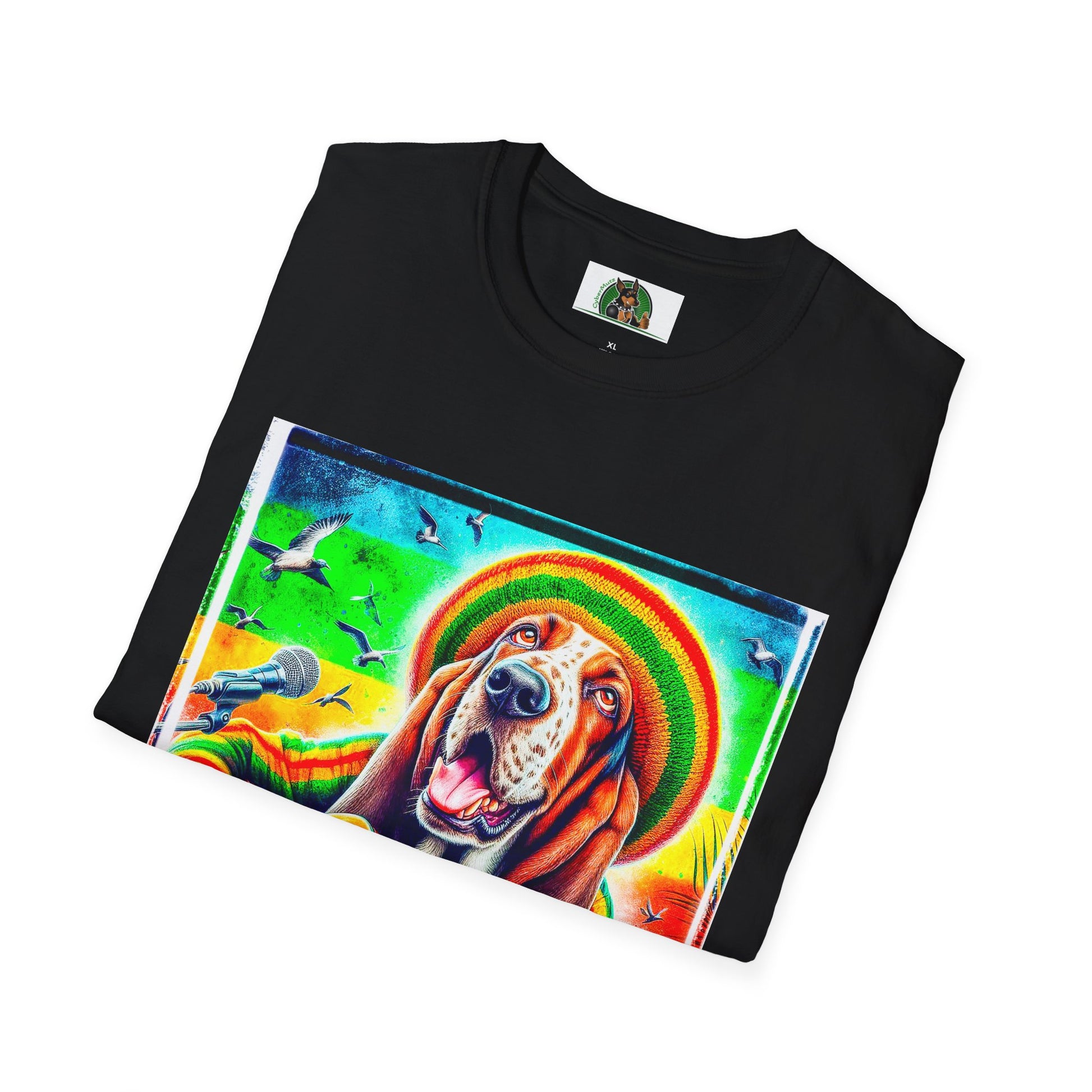 Basset Hound Rasta Dog Playing Guitar T-Shirt Printify