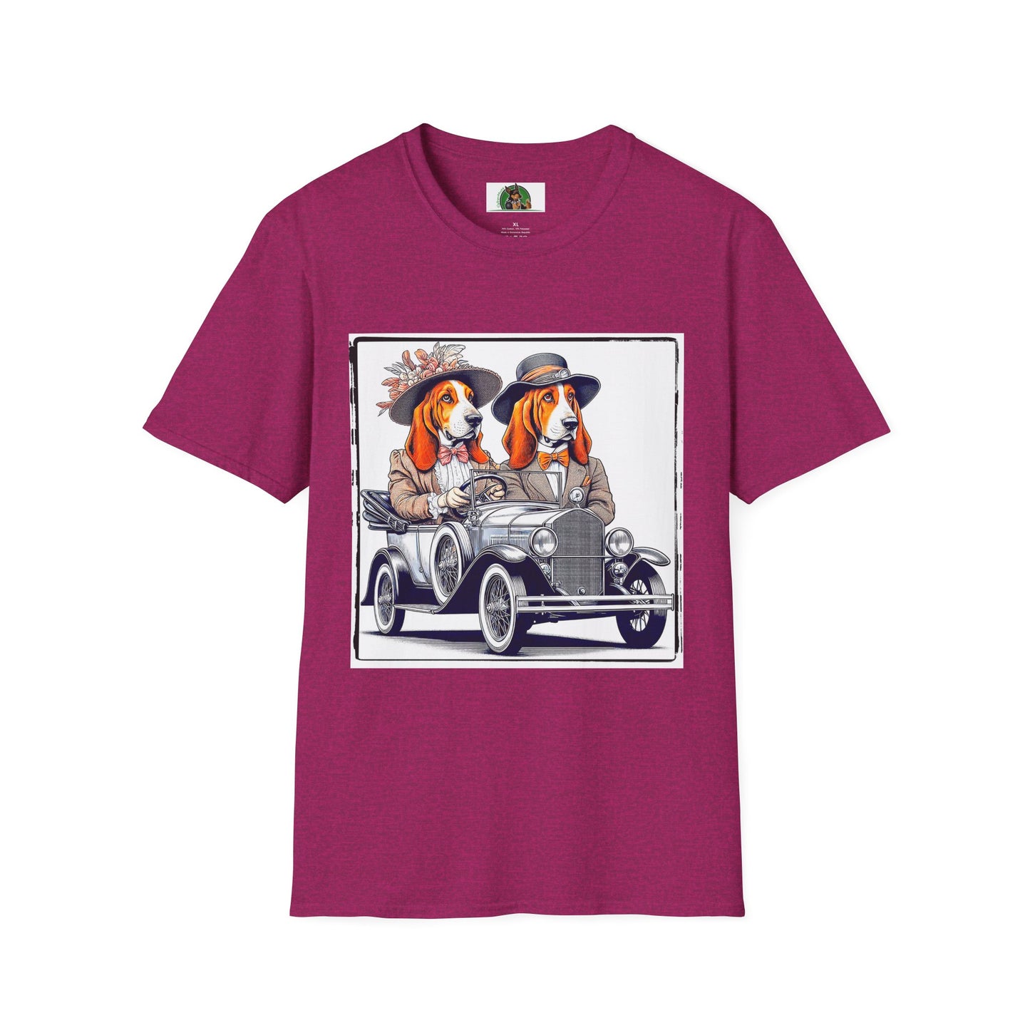 Wacky Basset Hound Couple Riding In Old Car T-Shirt Printify S Antique Heliconia