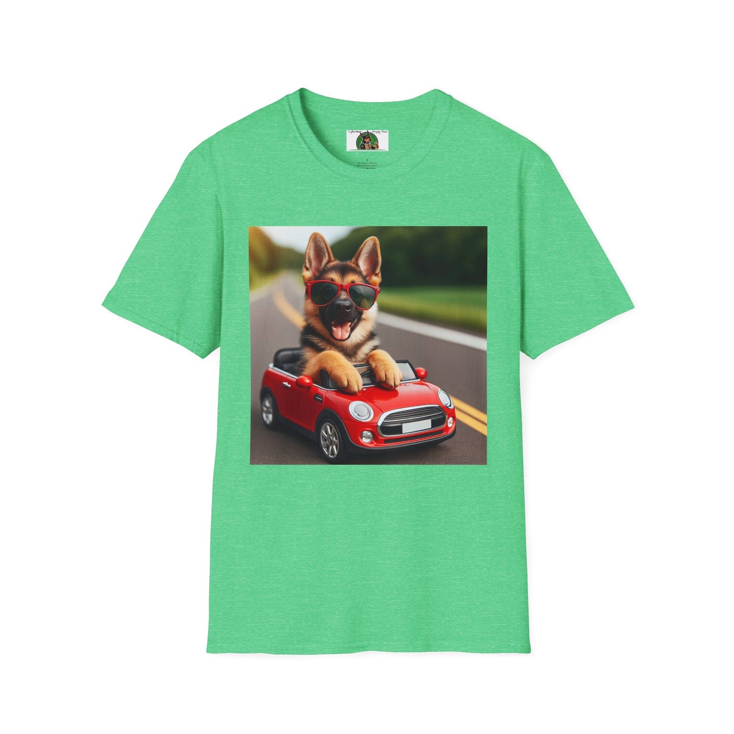 German Shepherd in a Wacky Little Car T-Shirt Printify Heather Irish Green S 