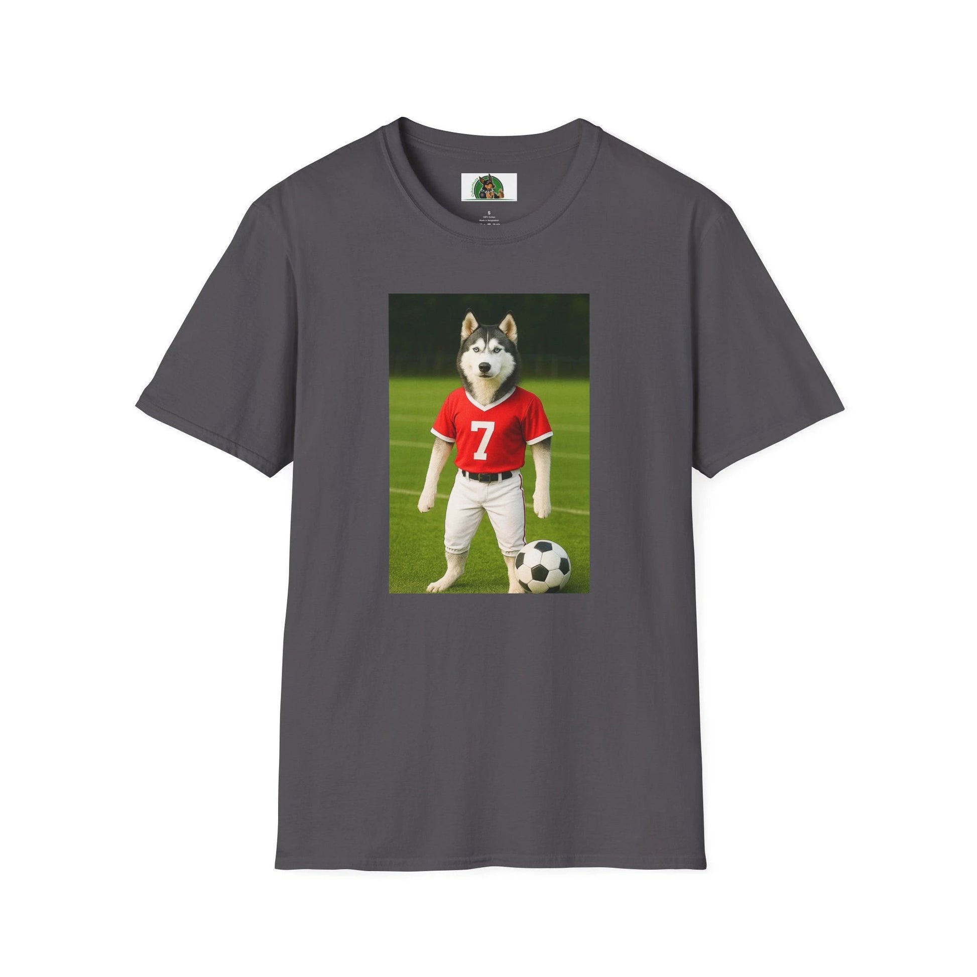 Husky Soccer T-Shirt — Sports Dog Playing Soccer Tee T-Shirt Printify Charcoal S