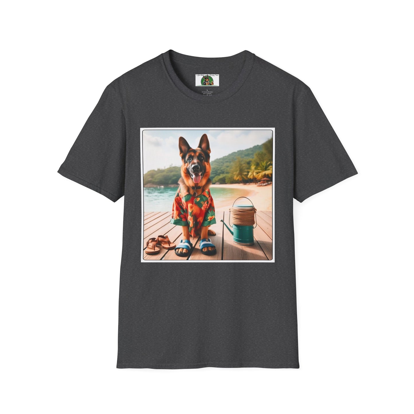 German Shepherd Dog "Beachin" Unisex Softstyle T-Shirt T-Shirt Printify S Dark Heather