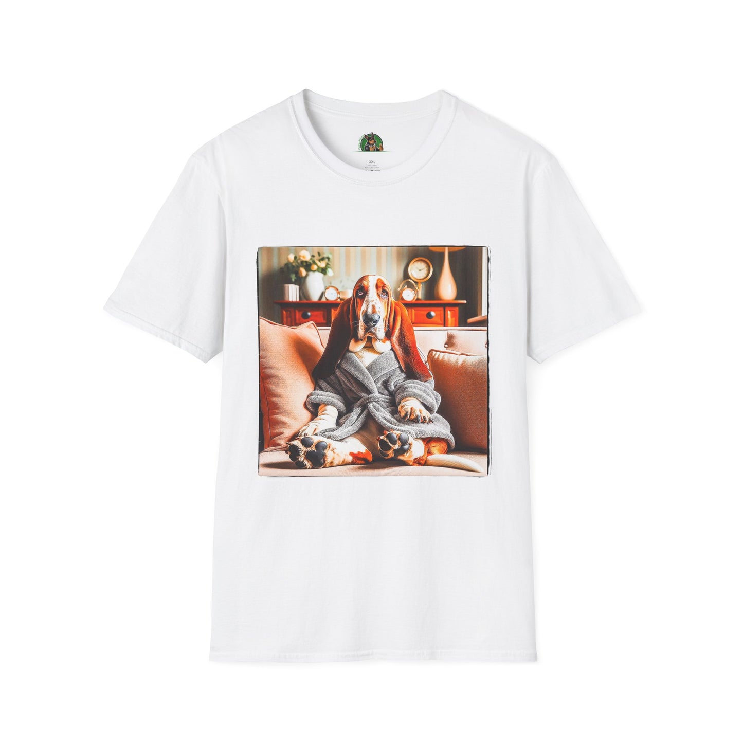 Basset Hound In Bath Robe Sitting On Couch T-Shirt Printify XS White