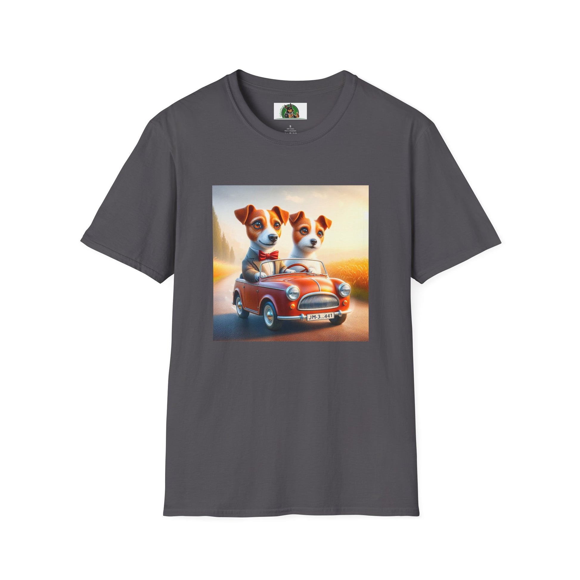 Wacky Jack Russell Puppy Couple Riding In Car T-Shirt Printify S Charcoal