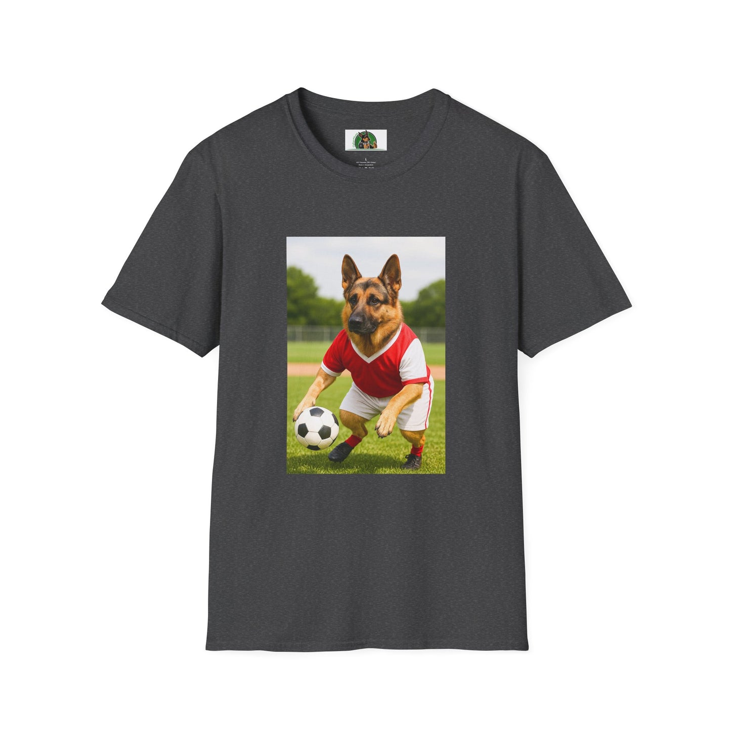 German Shepherd Soccer T-Shirt — Sports Dog Playing Soccer T-Shirt Printify Dark Heather XS