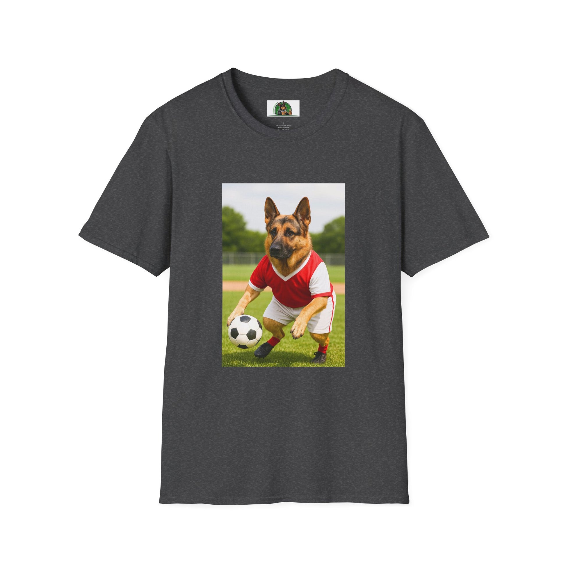 German Shepherd Soccer T-Shirt — Sports Dog Playing Soccer T-Shirt Printify Dark Heather XS