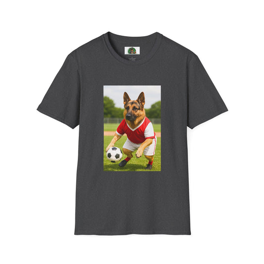 German Shepherd Soccer T-Shirt — Sports Dog Playing Soccer T-Shirt Printify Dark Heather XS