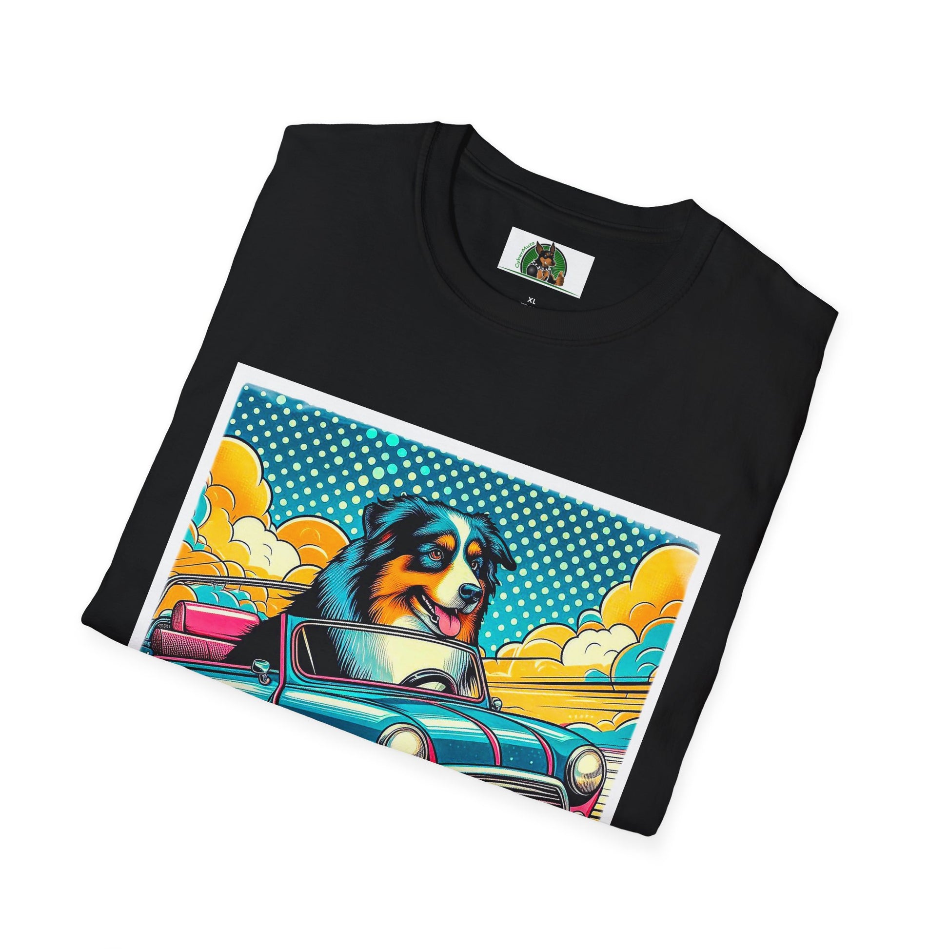 Wacky Australian Shepherd Dog In Colorful Car T-Shirt Printify
