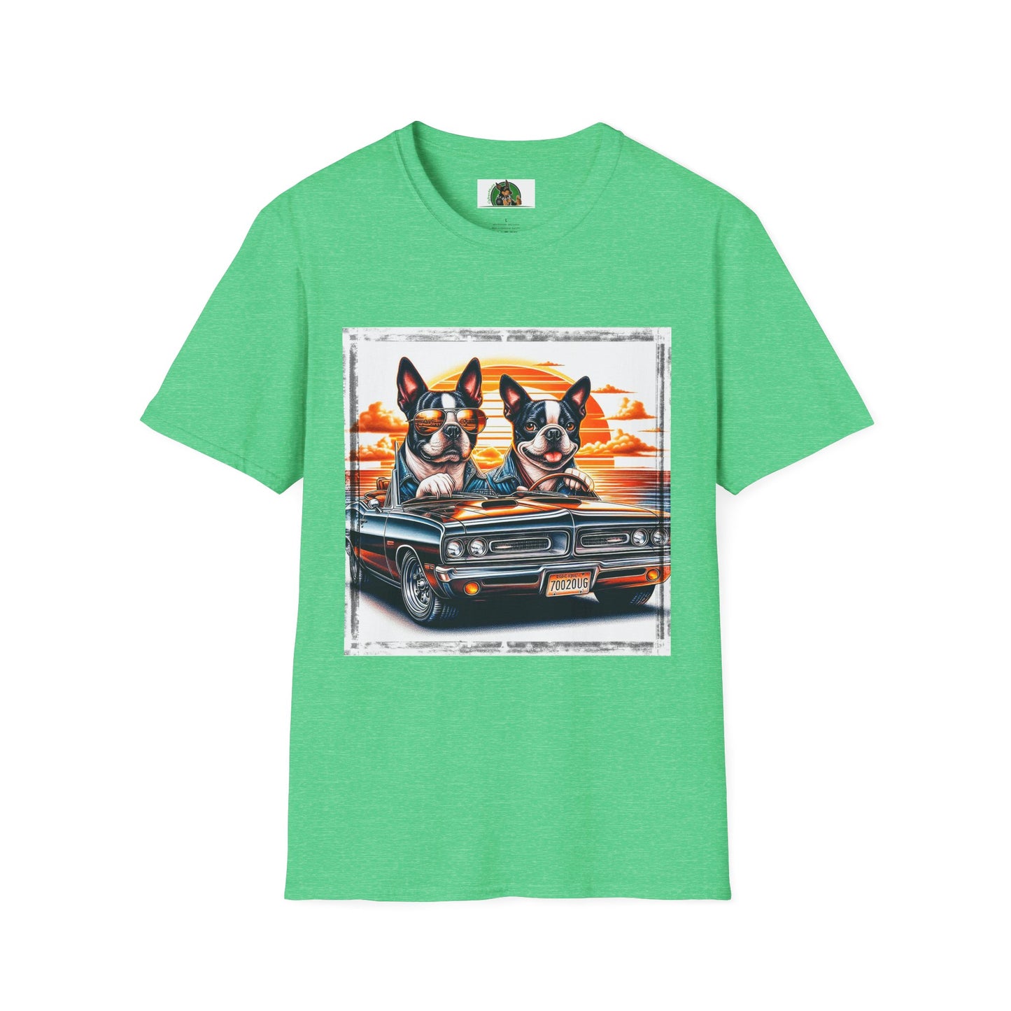 Wacky Boston Terrier Boy Dogs Driving Car T-Shirt Printify S Heather Irish Green 