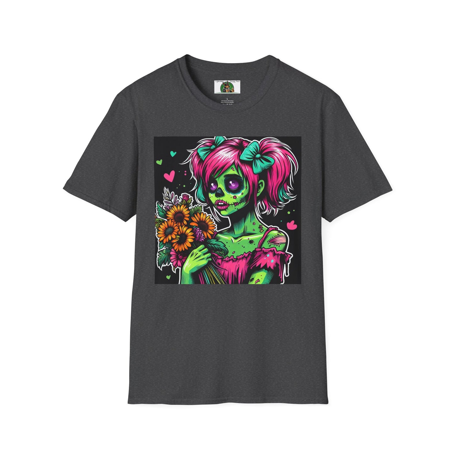 Zombie Pinup Girl with Flowers T-Shirt Printify Dark Heather S 