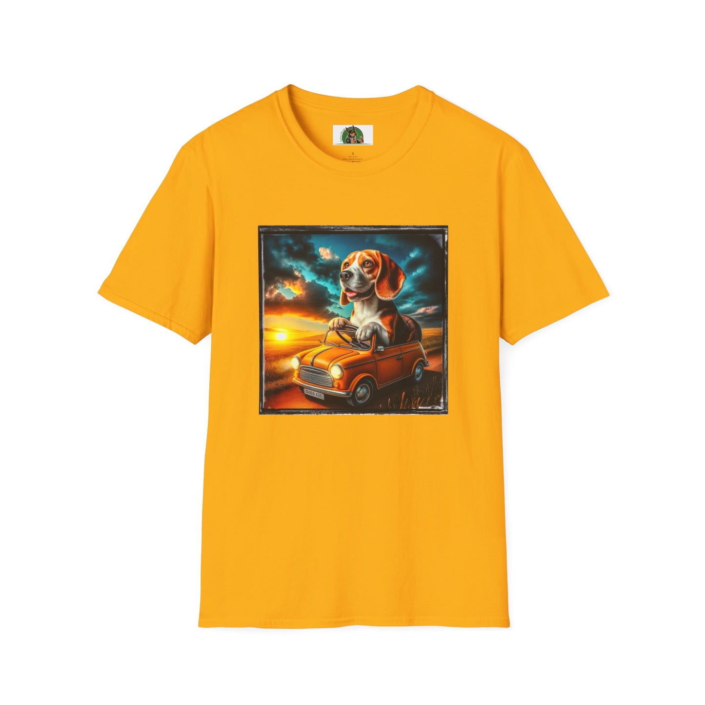 Wacky Beagle Driving Tiny Car In Sunset T-Shirt Printify S Gold 