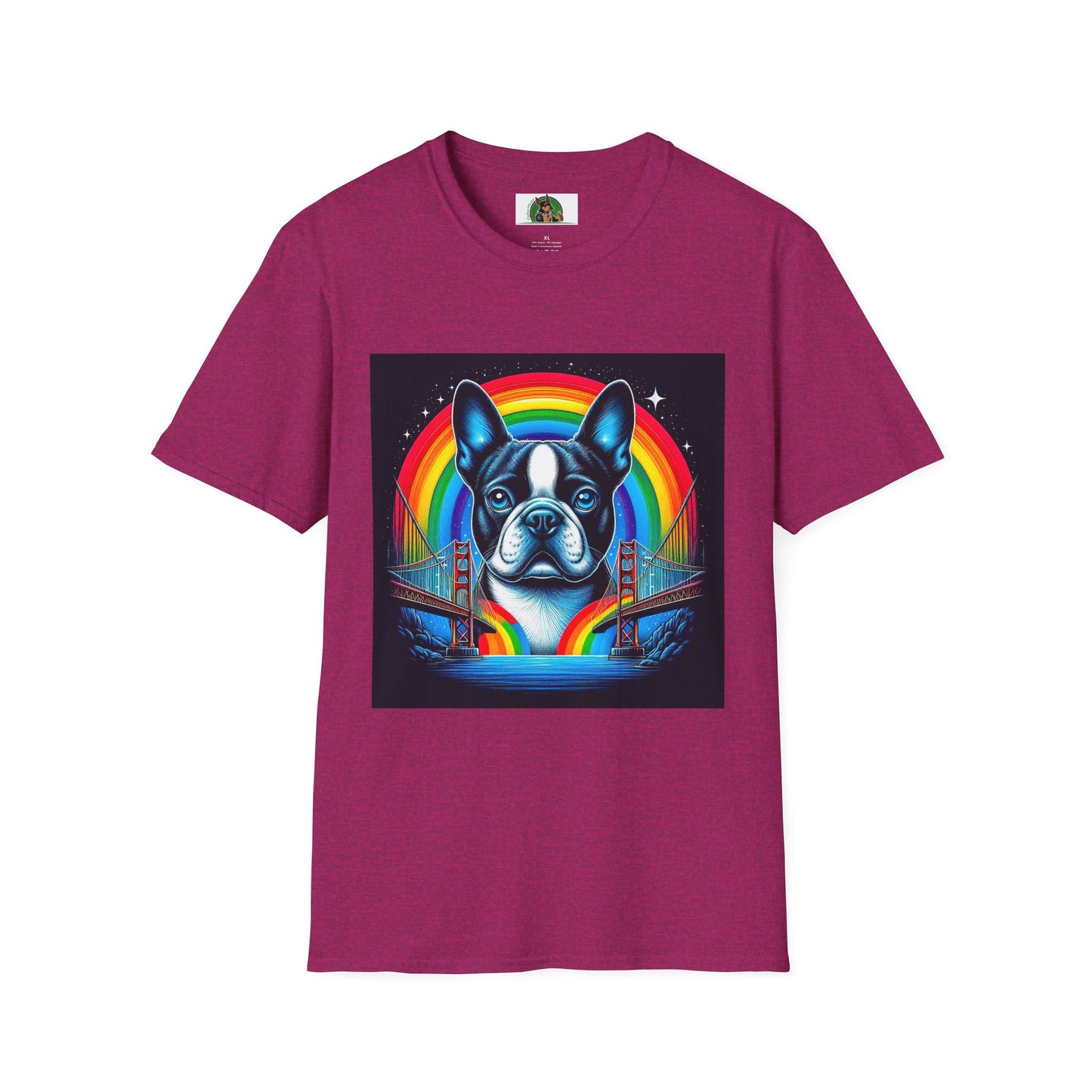 Boston Terrier Dog Overlooking Rainbow Bridge T-Shirt Printify S Antique Heliconia 