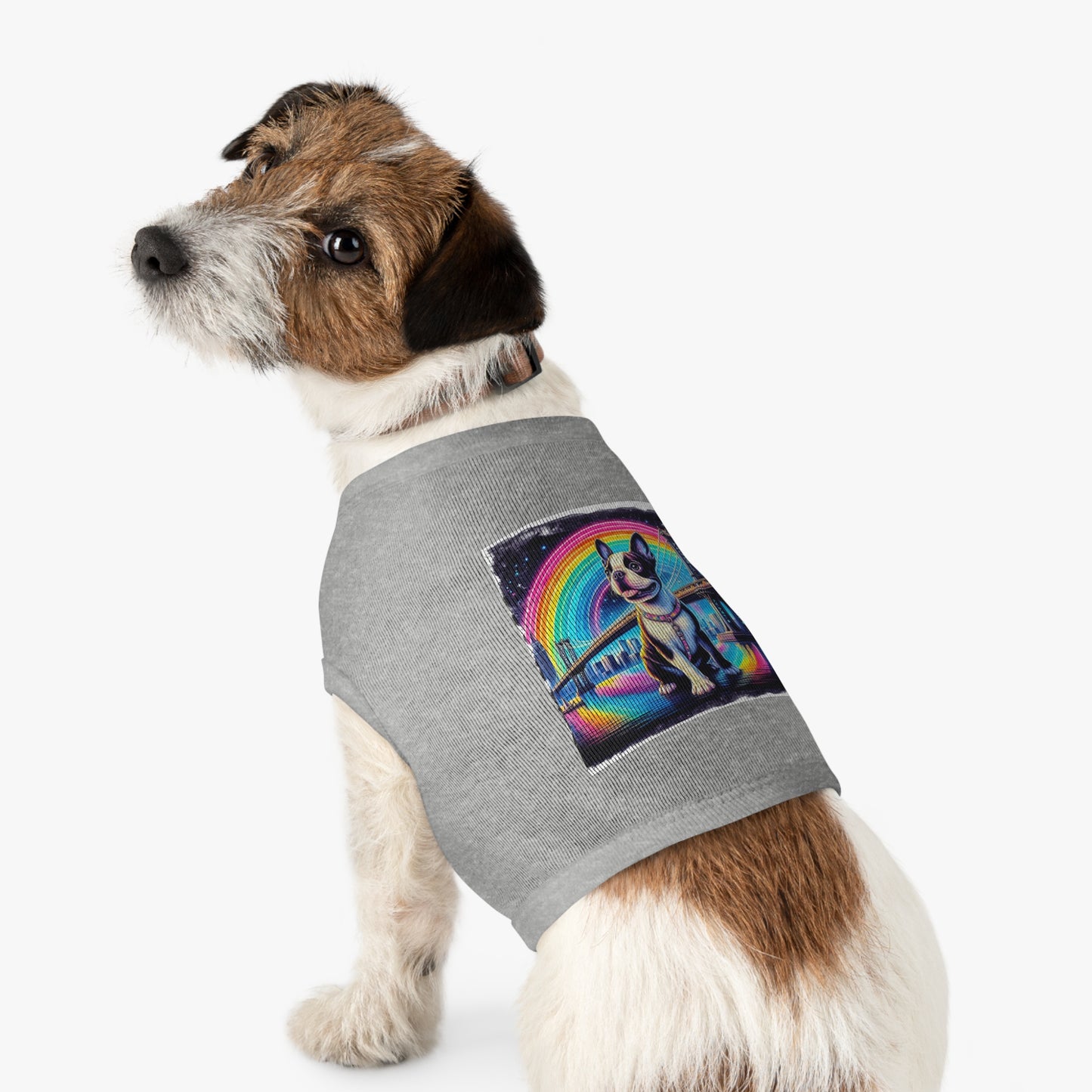 Pet Tank Top Boston Terrier Dog Sitting By Rainbow Bridge Pets Printify   