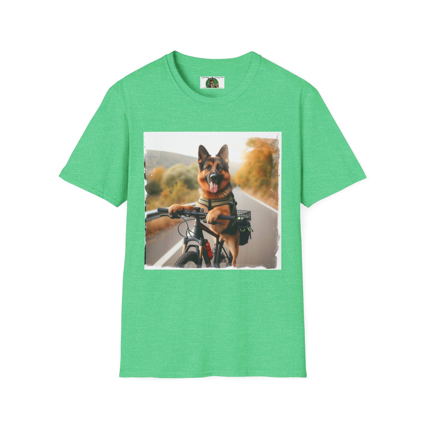 German Shepherd Dog Road Biking! Unisex Softstyle T-Shirt T-Shirt Printify S Heather Irish Green