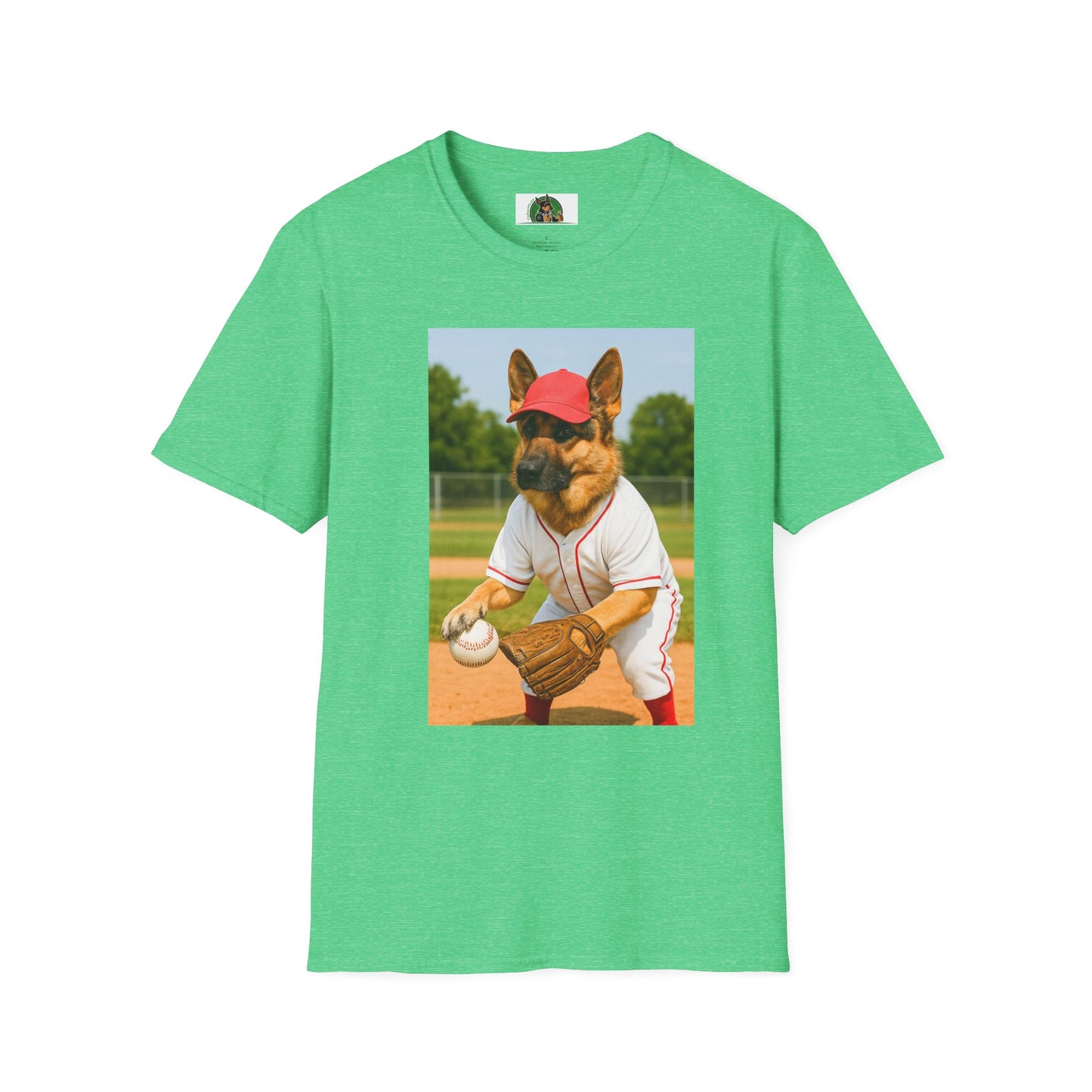 German Shepherd Playing Baseball T-Shirt — Sports Dog Tee T-Shirt Printify Heather Irish Green S