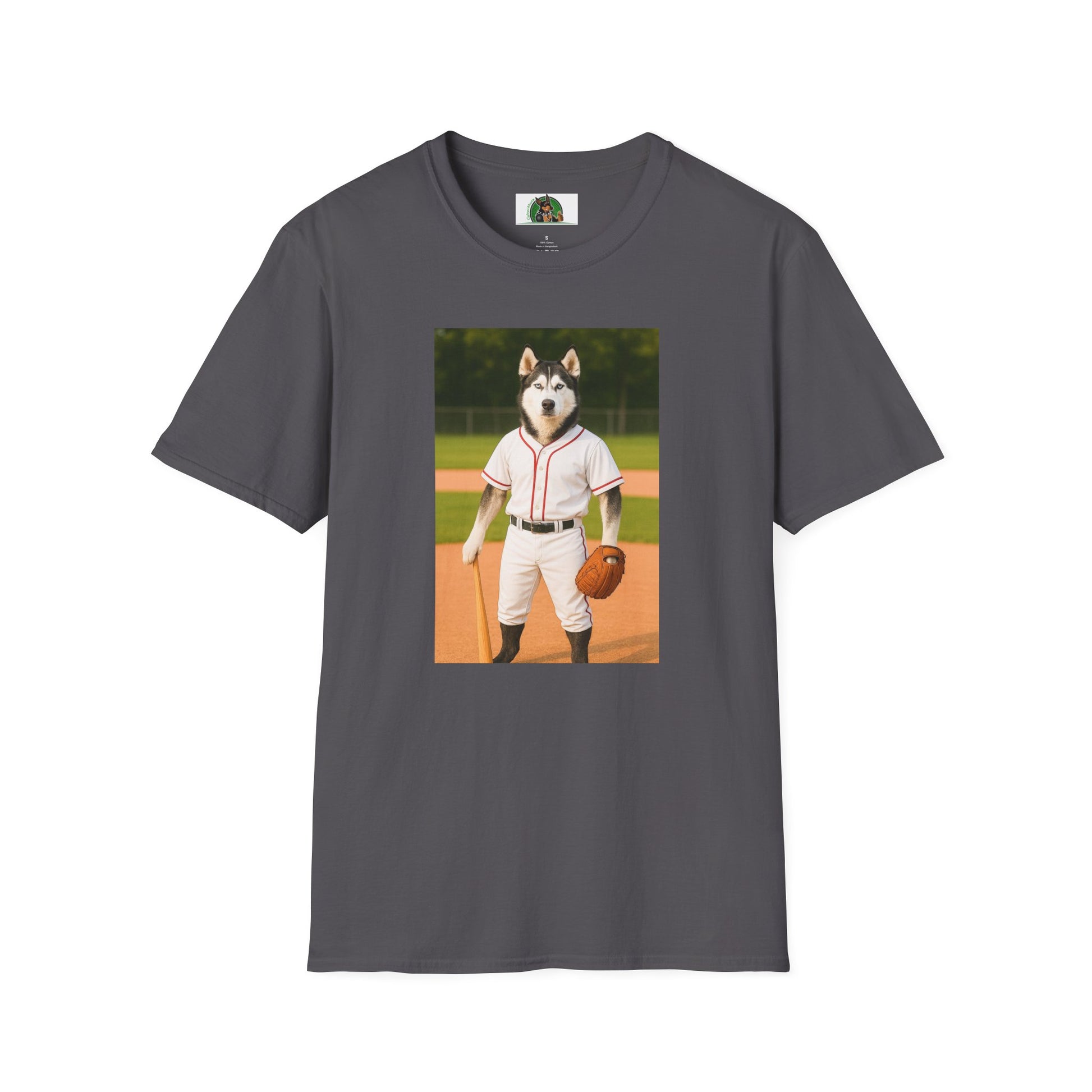 Husky Baseball T-Shirt — Sports Dog Tee T-Shirt Printify Charcoal S