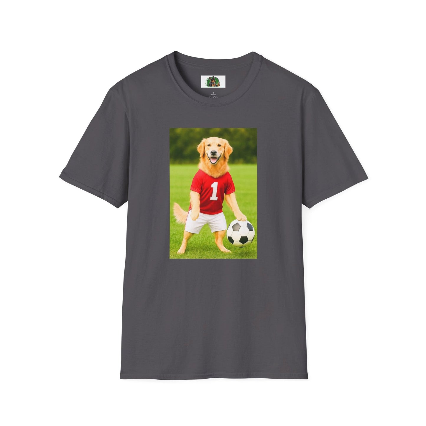 Golden Retriever Playing Soccer T-Shirt — Dog Soccer Tee Sports T-Shirt Printify Charcoal S