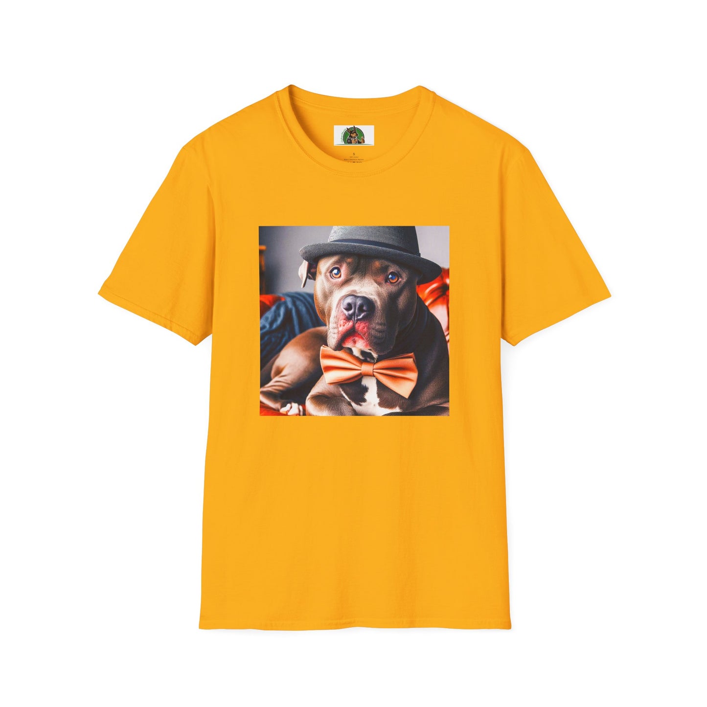 Pit Bull hat and bow tie shirt T-Shirt Printify S Gold