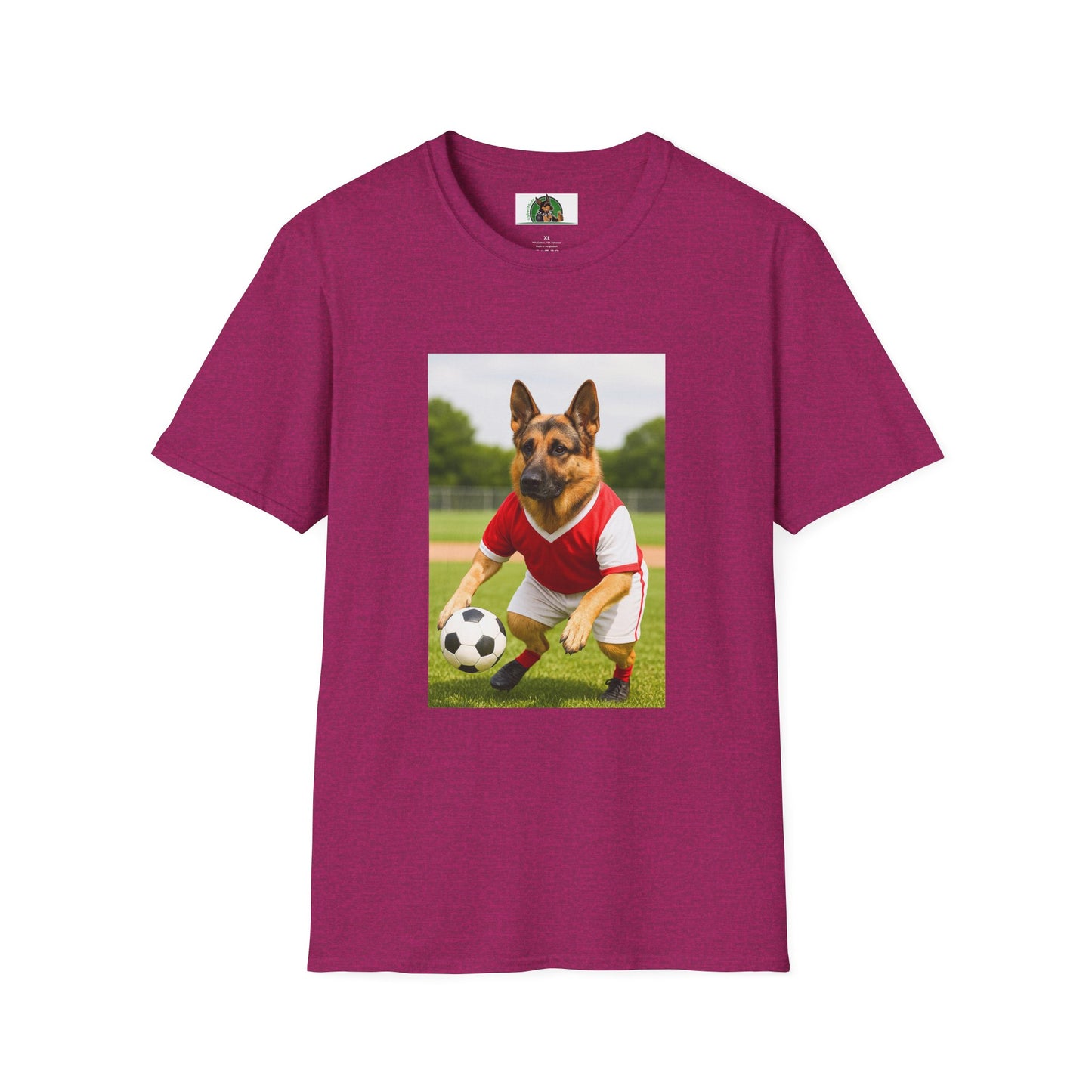 German Shepherd Soccer T-Shirt — Sports Dog Playing Soccer T-Shirt Printify Antique Heliconia S