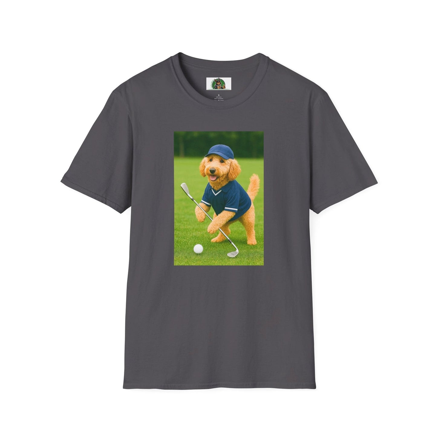 Golden Doodle Playing Golf T-Shirt — Sports Dog Golfing Tee T-Shirt Printify Charcoal S
