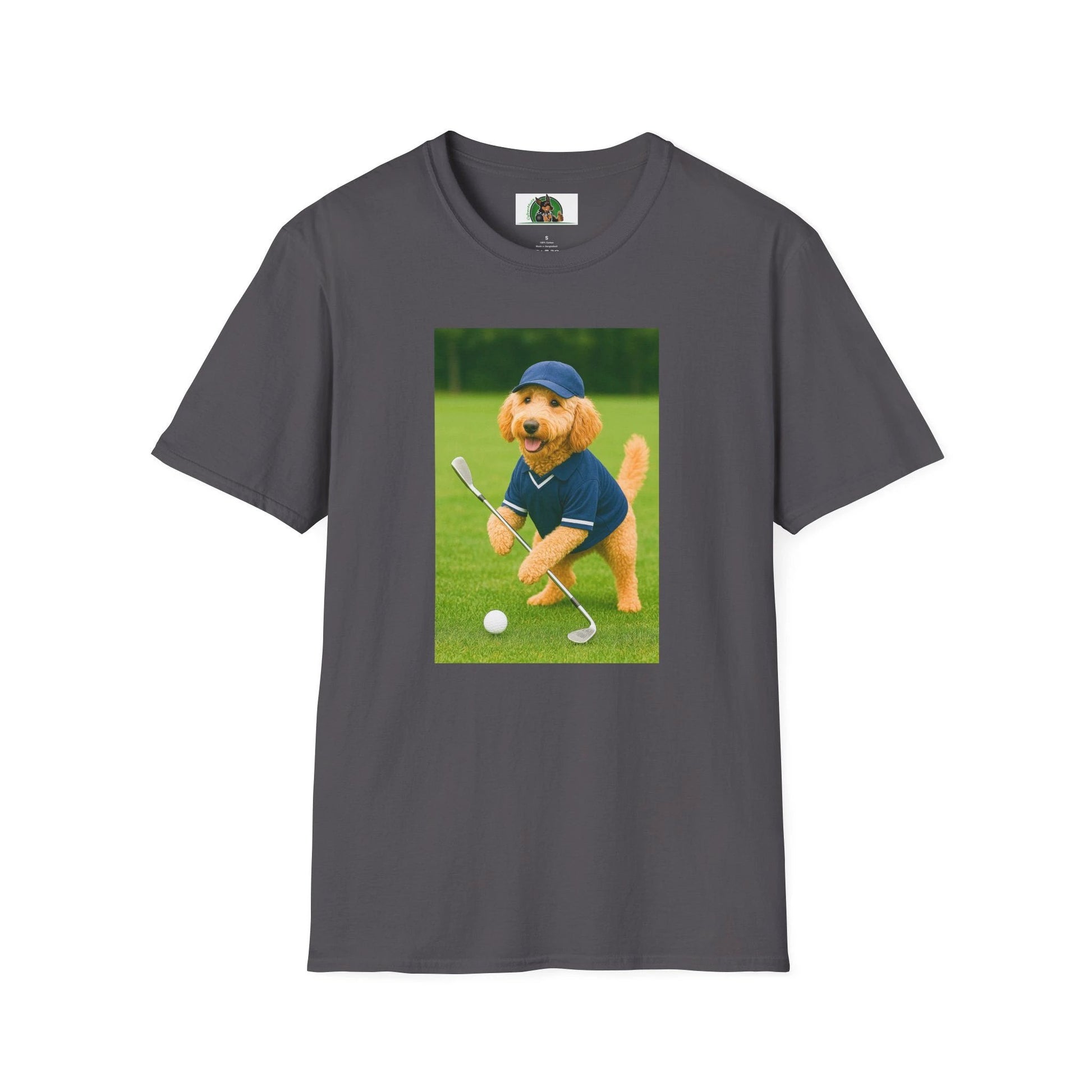 Golden Doodle Playing Golf T-Shirt — Sports Dog Golfing Tee T-Shirt Printify Charcoal S