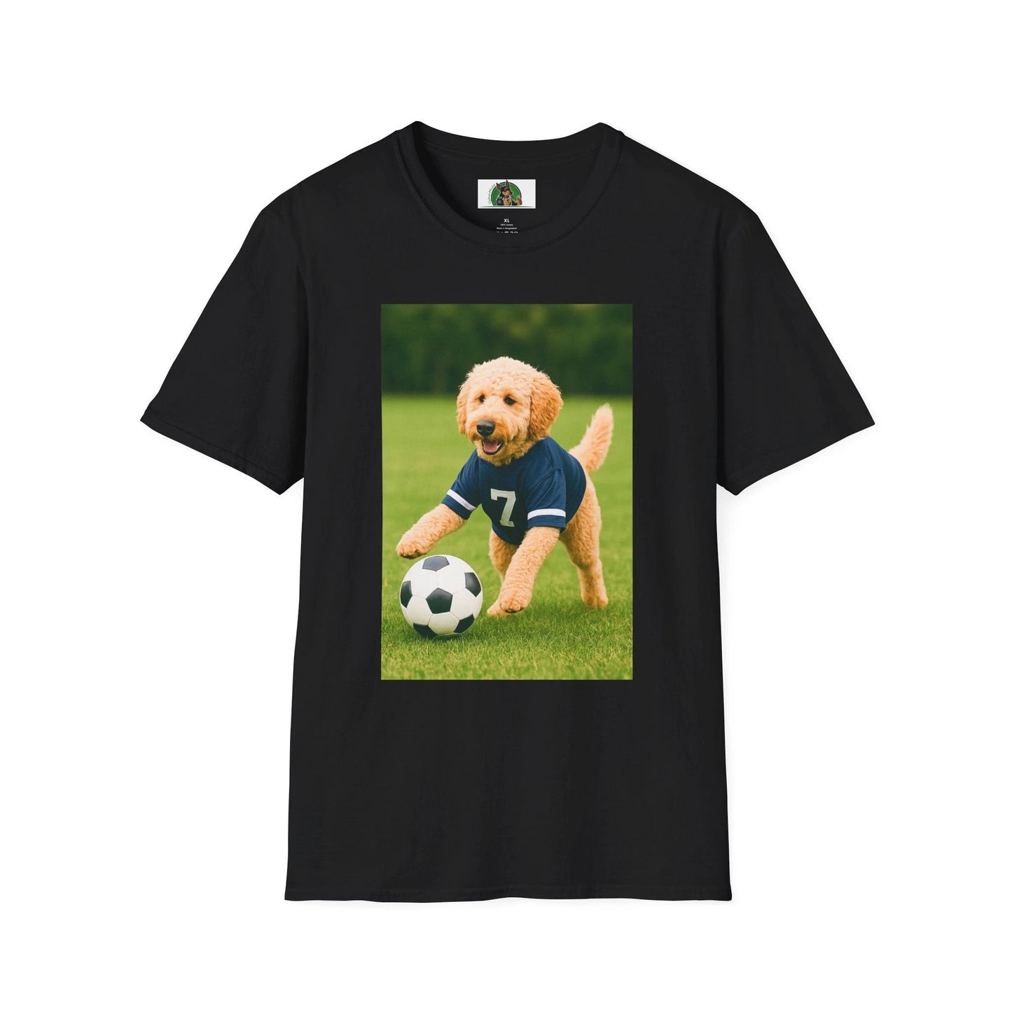 Golden Doodle Soccer T-Shirt — Sports Dog Playing Soccer T-Shirt Printify Black S