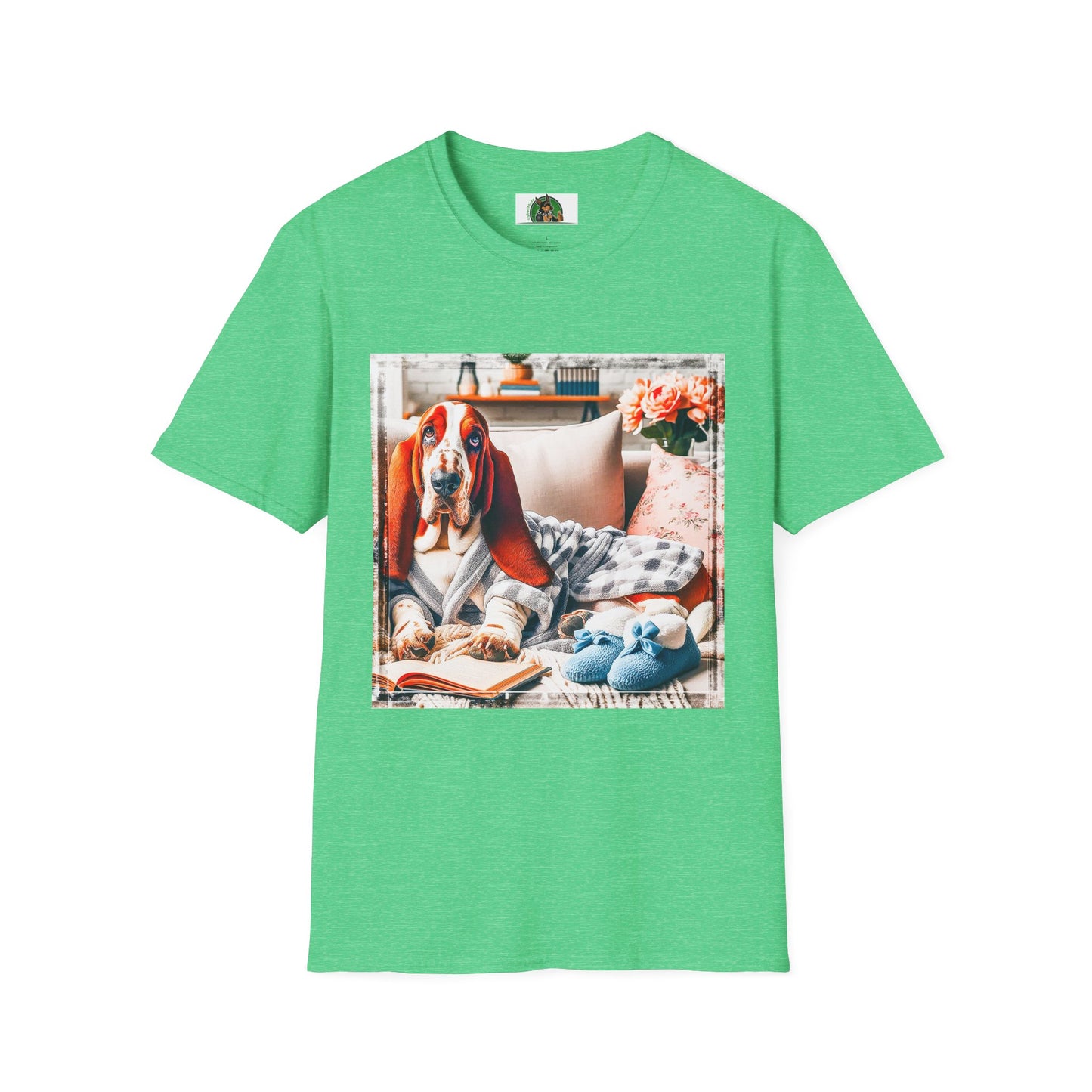 Basset Hound In PJ's Reading T-Shirt Printify S Heather Irish Green