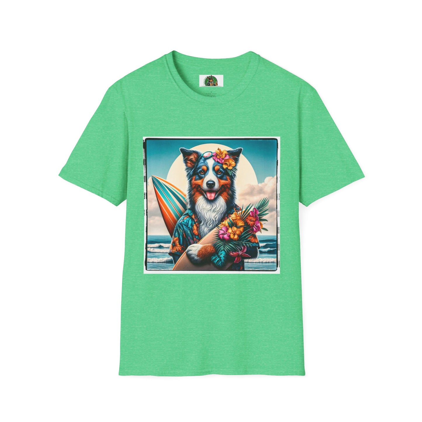 Australian Shepherd Floral Beach Surfer T-Shirt Printify S Heather Irish Green