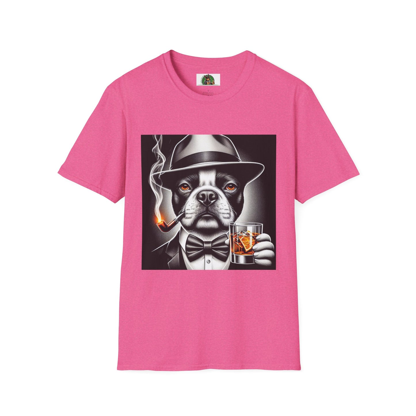 Boston Terrier Dog Smoking Pipe Drinking Whiskey T-Shirt Printify S Heather Heliconia 