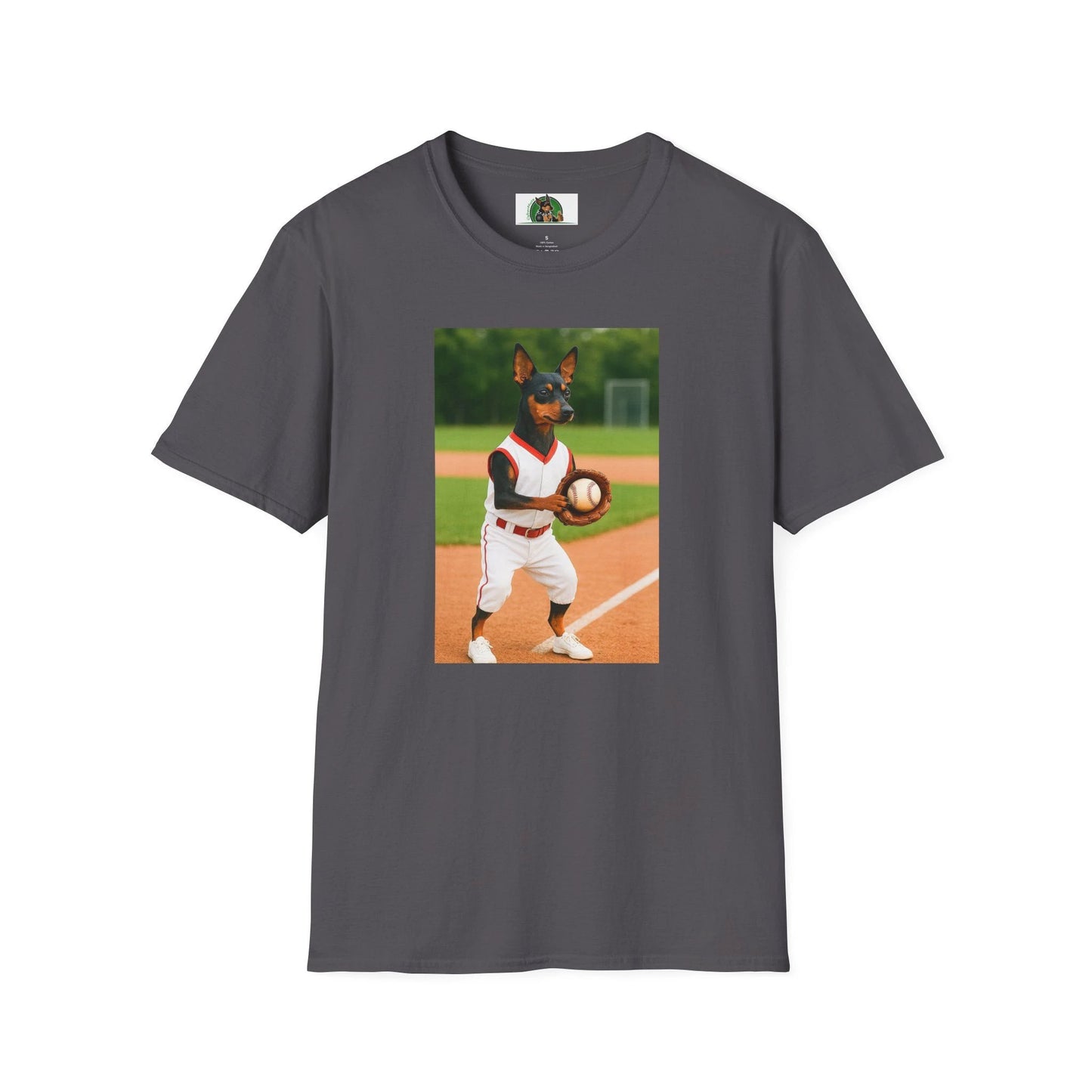 Min Pin Baseball Tee — Miniature Pinscher Dog Lover Sports T-Shirt T-Shirt Printify Charcoal S